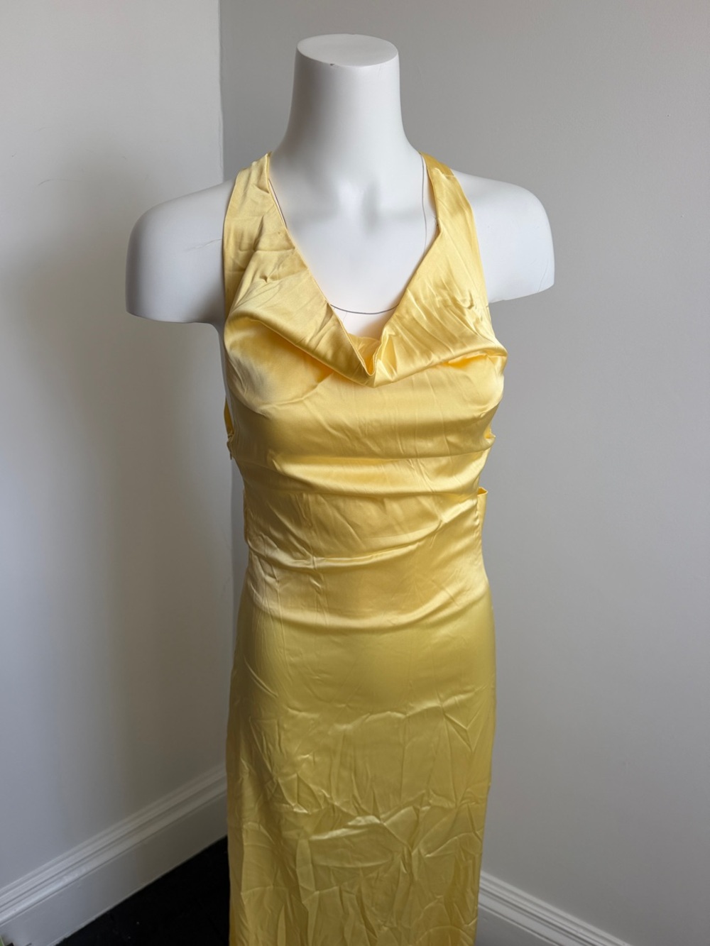 Peppermayo Yellow Satin One-Shoulder Halter Dress